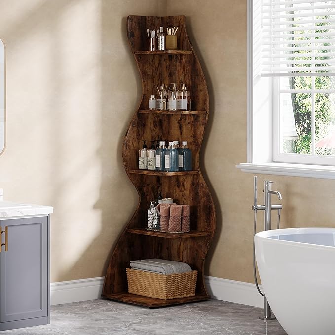 Tribesigns Wavy Corner Shelf, Modern 5-Tier Bookshelf Bookcase with Curvy Shape, Unique Plant Stand Display Rack for Living Room Small Space (Brown)