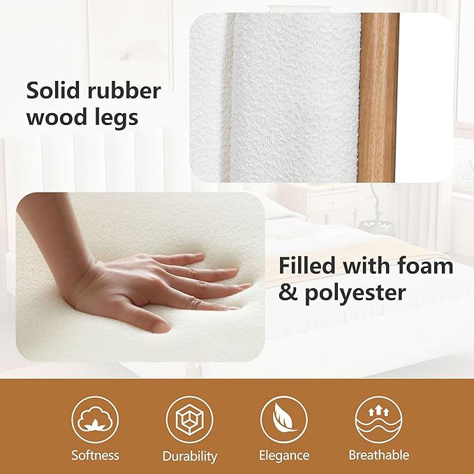 Queen Size Bed Frame, Upholstered Cloud Boucle Platform Beds Frames with Headboard, Anti-Collision Soft Rounded Corners Footboard, No Box Spring Required, Easy Assembly (39.8" White, Queen)