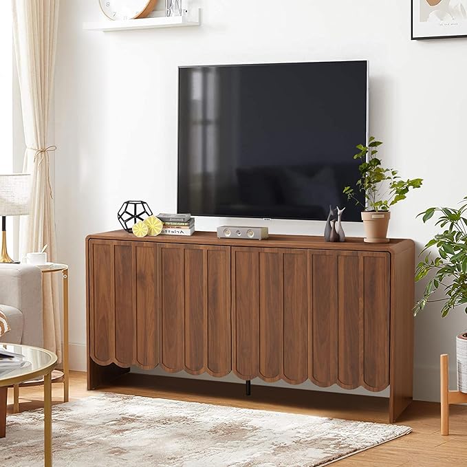 ORRD Sideboard Buffet Cabinet, Accent Storage Cabinets with 4 Doors, Farmhouse Wood Cabinet with Adjustable Shelves and Wave Panel for Living Room, Dining Room, Entry - Walnut