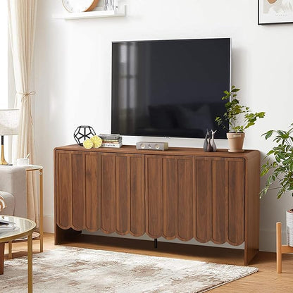 ORRD Sideboard Buffet Cabinet, Accent Storage Cabinets with 4 Doors, Farmhouse Wood Cabinet with Adjustable Shelves and Wave Panel for Living Room, Dining Room, Entry - Walnut