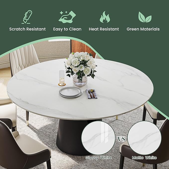 POVISON Round Dining Table for 4, 51“ Matte Sintered Stone Table Top with Solid Black Carbon Steel Pedestal, Circle Dining Room Table for Living Room (Dining Table Only)