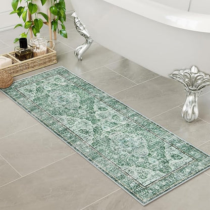 Uphome Green Bathroom Rugs, Distressed Farmhouse Boho Bath Mat, Non Slip Washable Soft Velvet Bath Mats for Bathroom Floor, Vintage Traditonal Bath Runner for Bathtub Sink Shower, 18x47 inch