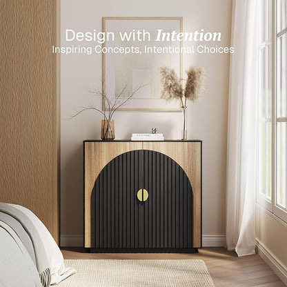 BELLEZE Modular Fluted Sideboard Buffet Cabinet with Storage, Mid-Century Modern Console Table with Symmetrical Arched Doors, Elegant Credenza for Dining Room, Kitchen, and Living Room, Camel