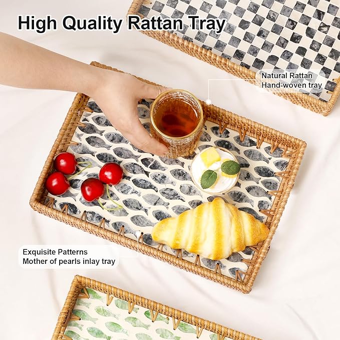 Rectangle Rattan Tray with Mother of Pearl Inlay, Rattan Serving Tray with Handle for Coffee, Bread, Fruits, Snacks, Decorative Wicker Tray for Table Decor (Rectangle Dark Blue Fish, 13"×9")