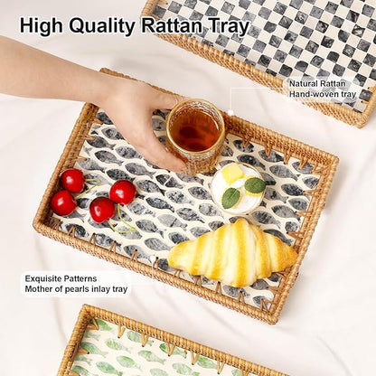 Rectangle Rattan Tray with Mother of Pearl Inlay, Rattan Serving Tray with Handle for Coffee, Bread, Fruits, Snacks, Decorative Wicker Tray for Table Decor (Rectangle Dark Blue Fish, 13"×9")