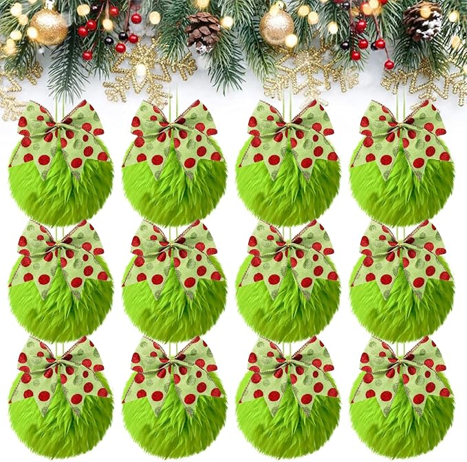 12 Pcs Furry Christmas Ball Ornaments with Bow, Lime Green Ball Ornaments for Christmas Tree Decorations Set, Hanging Pom Pom Xmas Party Supplies (Polka Dot, 2.36")