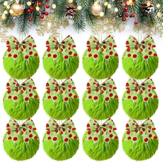 12 Pcs Furry Christmas Ball Ornaments with Bow, Lime Green Ball Ornaments for Christmas Tree Decorations Set, Hanging Pom Pom Xmas Party Supplies (Polka Dot, 2.36")