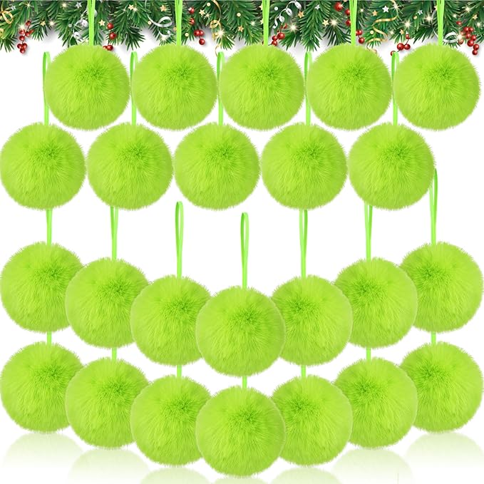 24 Pcs Lime Green Furry Christmas Ball Ornaments 3.15 Inch Xmas Tree Green Hanging Decorations Soft Faux Fur Pom Pom Ball Ornaments for Home Christmas Party Supplies Fireplace Mantel Wall Decor