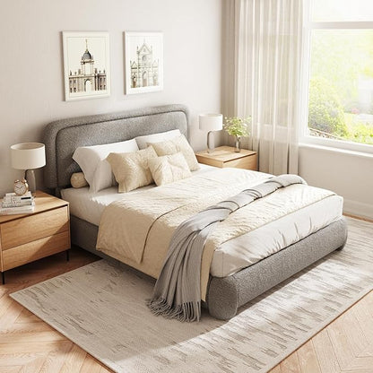 Queen Size Boucle Bed Frame, Cloud Upholstered Platform Bed with Height Adjustable Headboard & Soft Rounded Corners, No Box Spring Needed, Noise Free, Easy Assembly, Light Grey