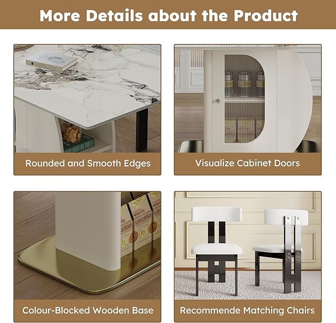 Montary 63" Modern 4-6 Person Dining Table with Storage Cabinet, Artificial Marble Dining Table with Sintered Stone Tabletop & Golden Solid Wood Base, Includes 4 White Velvet Chairs for Kitchen