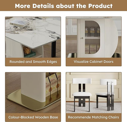 Montary 63" Modern 4-6 Person Dining Table with Storage Cabinet, Artificial Marble Dining Table with Sintered Stone Tabletop & Golden Solid Wood Base, Includes 4 White Velvet Chairs for Kitchen