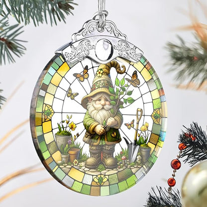 Charming Gnome Stained Glass Ornament - Christmas Tree Decor, Gnome Ornaments for Christmas