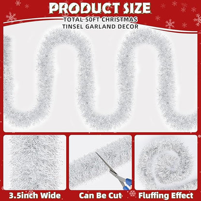 Lush Christmas Tinsel Garland, Silver & White Radiant Metallic Twist Streamers for Holiday Decor, Plush & Full Xmas Tree Garland for an Elegant Festive Atmosphere, Indoor & Outdoor Party Supplies