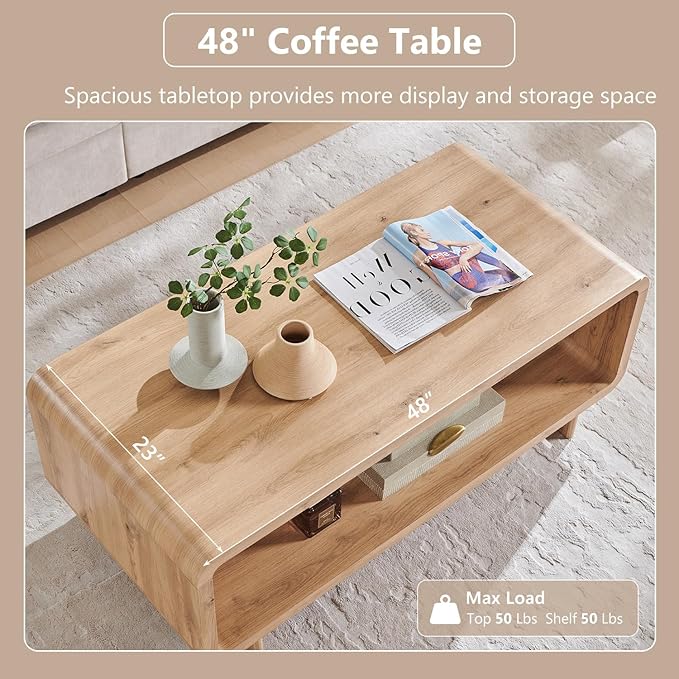 48" Modern Coffee Table, 2-Tier Minimalist Center Table with Storage Shelf, Curved Profile Design, Wooden Rectangular Living Room Table w/Wood Thick Design for Living Room, Office, Natural Oak