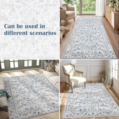 jinchan Vintage Floral Washable Runner Rug 2x6 Non-Slip Low Pile Carpet, Blue