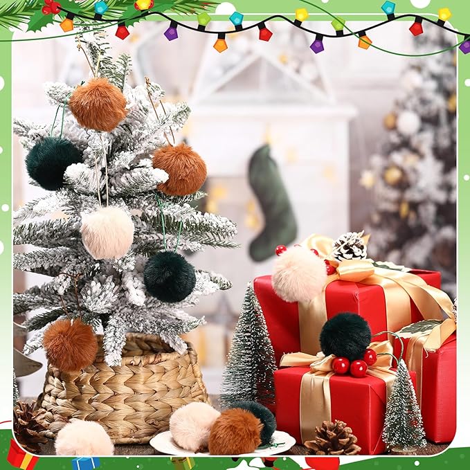 Gejoy 12 Pcs Furry Christmas Ball Ornaments for Xmas Tree Green Brown White Christmas Hanging Decorations Soft Faux Fur Pom Pom Ball Ornaments for Party Supplies Fireplace Mantel Home Wall Decor