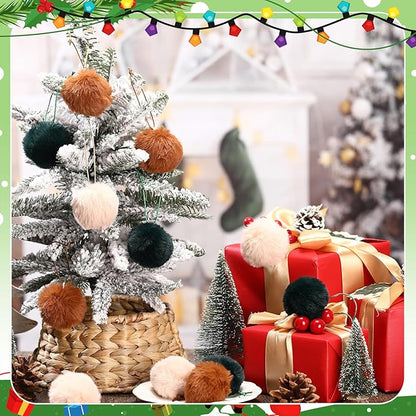 Gejoy 12 Pcs Furry Christmas Ball Ornaments for Xmas Tree Green Brown White Christmas Hanging Decorations Soft Faux Fur Pom Pom Ball Ornaments for Party Supplies Fireplace Mantel Home Wall Decor
