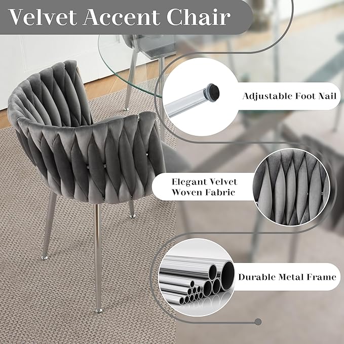 Silver Luxury Round Dining Table Set for 4, 47'' Clear Circle Glass Top Dinner Table Set, 5 PCS Modern Circular Kitchen Table and Grey Woven Chairs Set, for Large Apartment Living Room