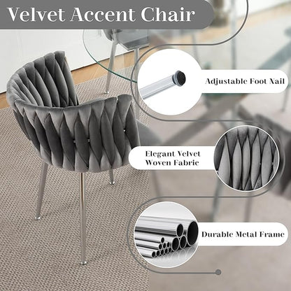 Silver Luxury Round Dining Table Set for 4, 47'' Clear Circle Glass Top Dinner Table Set, 5 PCS Modern Circular Kitchen Table and Grey Woven Chairs Set, for Large Apartment Living Room