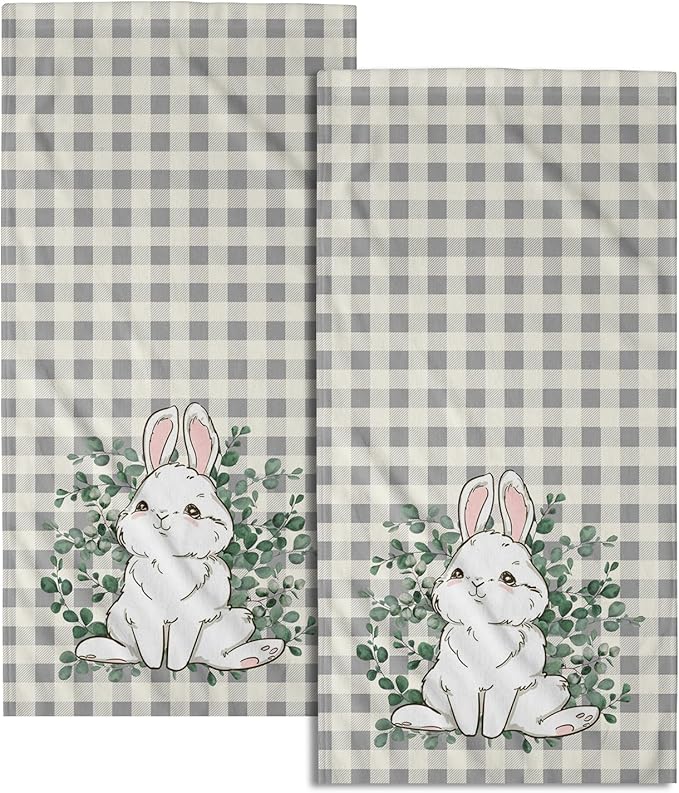 Easter Rabbit Hand Towels Decorative Eucalyptus Leaf Buffalo Plaid Holiday Soft Absorbent Kitchen 14x28