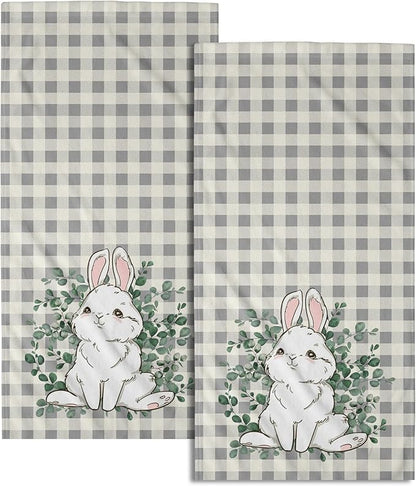Easter Rabbit Hand Towels Decorative Eucalyptus Leaf Buffalo Plaid Holiday Soft Absorbent Kitchen 14x28