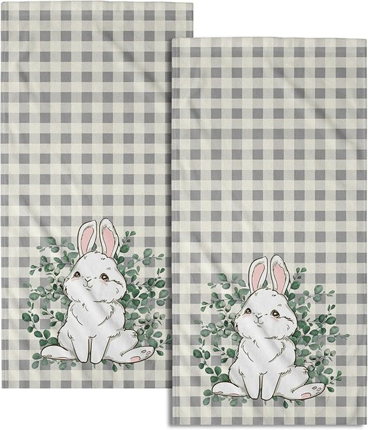 Easter Rabbit Hand Towels Decorative Eucalyptus Leaf Buffalo Plaid Holiday Soft Absorbent Kitchen 14x28