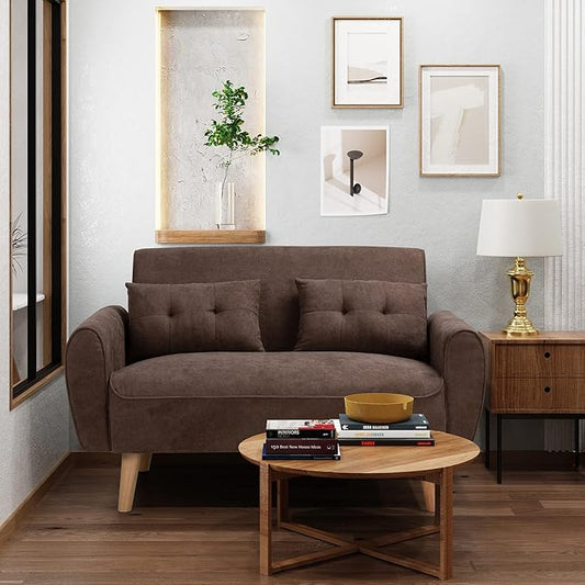 Shintenchi Loveseat Sofa Couch Mid Century Fabric Upholstered 2 Seater with Pillows, Brown