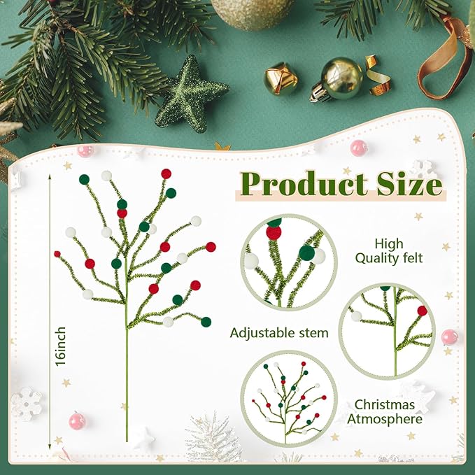 Soulchen 12 Pcs 16 Inch Christmas Pom Poms Picks Felt Tree Decorations Artificial Red White Green Christmas Ornaments Fake Berry Twig Spray Branches Decor for Holiday Xmas Tree Home Vase DIY Crafts
