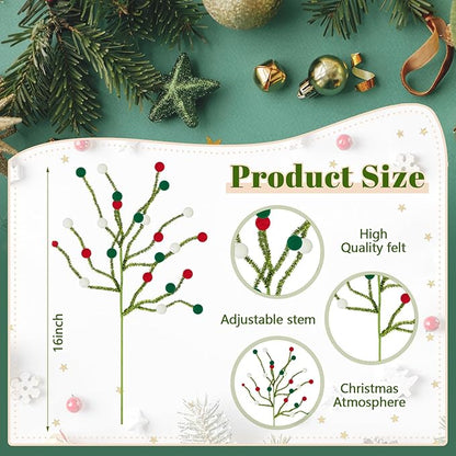Soulchen 12 Pcs 16 Inch Christmas Pom Poms Picks Felt Tree Decorations Artificial Red White Green Christmas Ornaments Fake Berry Twig Spray Branches Decor for Holiday Xmas Tree Home Vase DIY Crafts