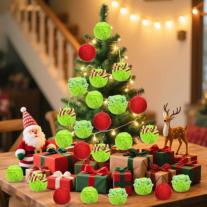 24 Pcs Red Green Furry Christmas Ball Ornaments, 3.15 Inch Large Decor Ball with Bows, Christmas Hanging Decorations Lime Green Soft Faux Fur Pom Pom Balls Decor for Xmas Tree Party Supplies