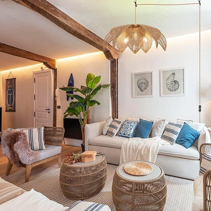 Rattan Plug in Pendant Light with 15FT Hemp Rope Cord Boho Light Fixture Can accommodate 3*E26 Bulbs of Woven Wicker Chandelier for Living Room Bedroom Dinning