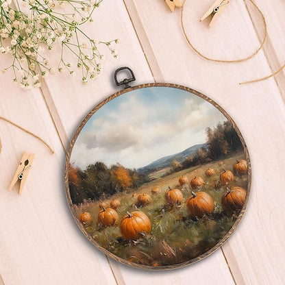 Hxlac Vintage Pumpkin Field Pumpkin Round Wall Art Framed, Vintage Autumn Pumpkin Round Wall Decor, Cottage Fall Halloween Hanging Canvas Prints Wall Sculptures for Home Room Decor, 10x10 Inch