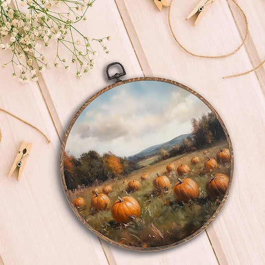Hxlac Vintage Pumpkin Field Pumpkin Round Wall Art Framed, Vintage Autumn Pumpkin Round Wall Decor, Cottage Fall Halloween Hanging Canvas Prints Wall Sculptures for Home Room Decor, 10x10 Inch