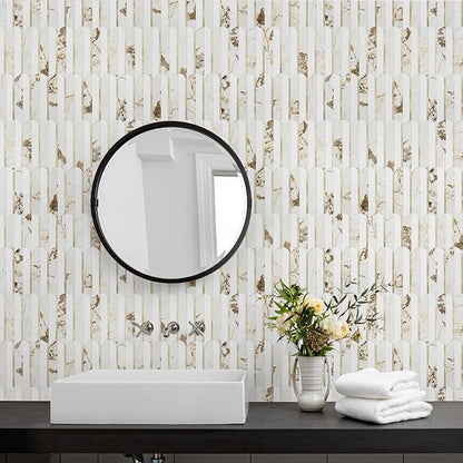 Vamos Tile Peel and Stick Backsplash Seamless Tile,10 Sheets Stick on Backsplash for Kitchen and Bathroom, 12''x12'' White Marble Look PVC Mixed Metal Gold Self Adhesive Fish Scale Mosaic Wall Tiles