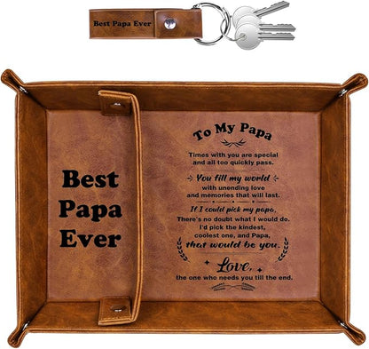 Best Papa Ever PU Leather Tray and Keychain, Unique Papa Grandpa Gifts for Father Day from Granddaughter Grandson, Birthday Gifts for Dad from Daughter Son