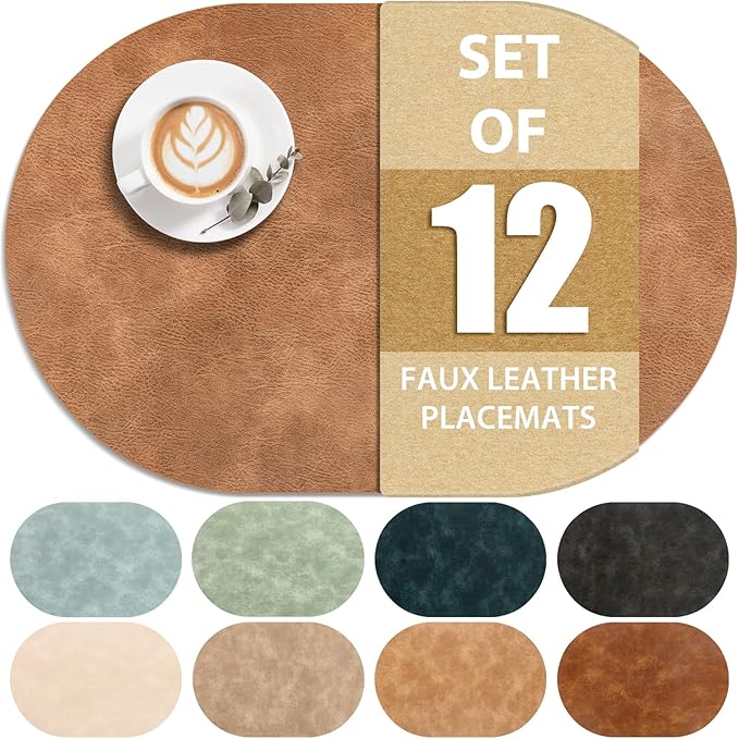 ADRIMER Placemats, Heat Resistant Oval Placemats Set of 12 Washable 12 x 17 Inch, Waterproof Table Mats, Wipeable Pu Place Mats for Kitchen, Dining Room, Sandy Light Brown