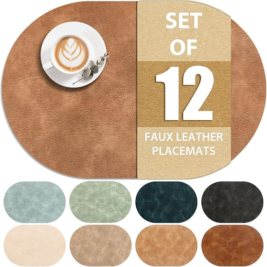 ADRIMER Placemats, Heat Resistant Oval Placemats Set of 12 Washable 12 x 17 Inch, Waterproof Table Mats, Wipeable Pu Place Mats for Kitchen, Dining Room, Sandy Light Brown