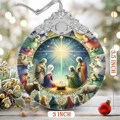 Nativity Christmas Ornament, 3" Stained Glass Christmas Decor, Nativity Ornaments for Christmas Tree, Christian Gifts for Kids, Religious Gifts for Women, Perfect for Holiday Party, Window, Tree