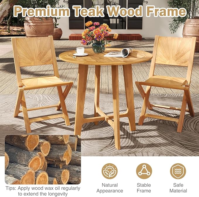 Tangkula 31.5” Patio Dining Table, Round Teak Wood Outdoor Dining Table w/Slatted Tabletop, X-Shaped Frame, 4 Sturdy Supporting Legs, Farmhouse Dining Furniture for Dining Room, Garden, Poolside