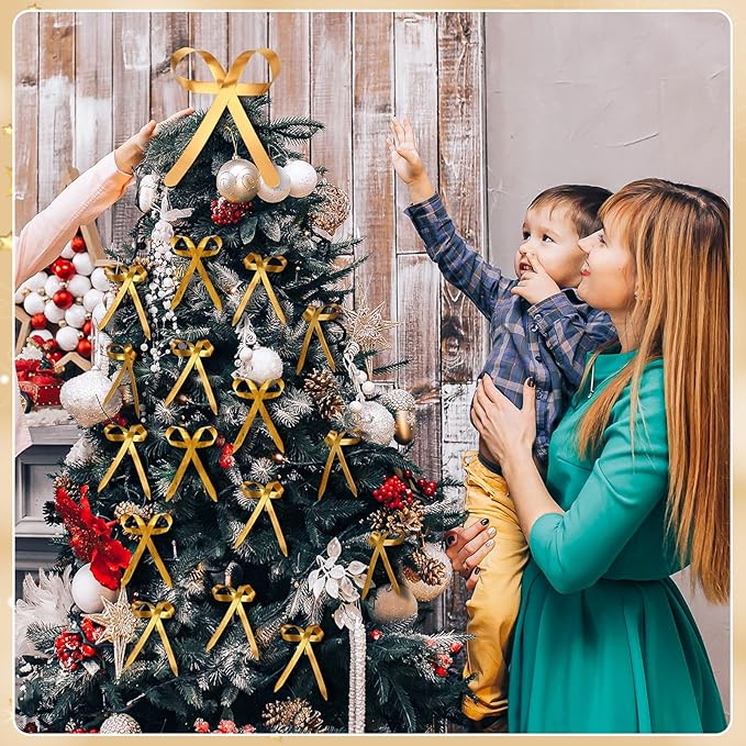 12 Pcs 2025 Metal Christmas Bow Ornaments for Christmas Tree Garland Wreath Bulk Bow with Clip Ornament Vintage Indoor Outdoor Home Xmas Party Decorations, 4 x 5 Inches (Old Gold)