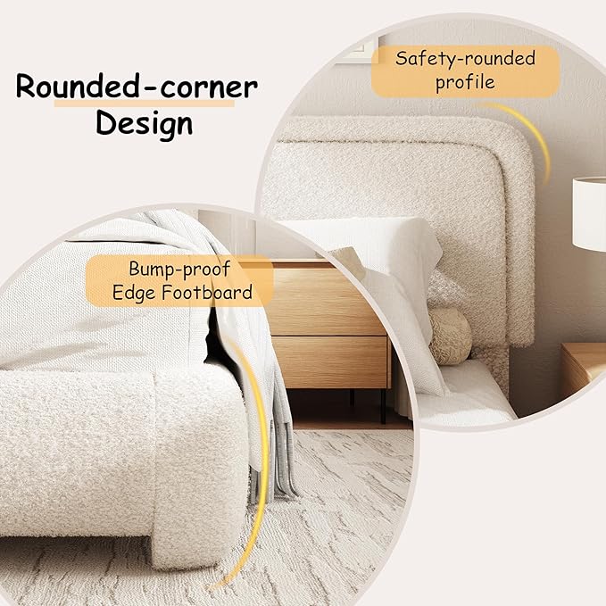 King Size Boucle Bed Frame, Cloud Upholstered Platform Bed with Height Adjustable Headboard & Soft Rounded Corners, No Box Spring Needed, Noise Free, Easy Assembly, Beige