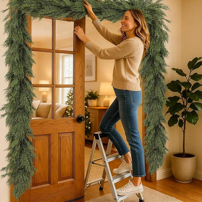 Dingion 1 Pcs 9 ft Christmas Cedar Garland - Thick & Lush, Soft Realistic Artificial Faux Cedar Cypress Pine Garland for Holiday Christmas Winter Home Table Mantel Wall Indoor Seasonal Decoration