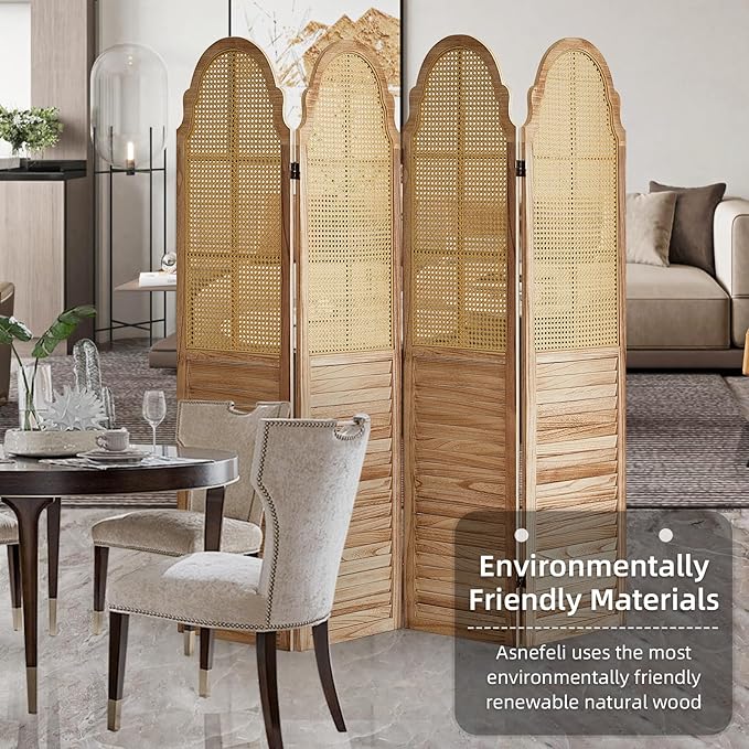 4 Panels Room Divider Wall, Rustic Rattan Room Divider, Wood Folding Privacy Screen, Foldable Wood Divider Wall, Portable Partition Screen, Wall Divider for Room Separation (Natural)