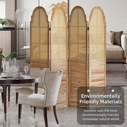 4 Panels Room Divider Wall, Rustic Rattan Room Divider, Wood Folding Privacy Screen, Foldable Wood Divider Wall, Portable Partition Screen, Wall Divider for Room Separation (Natural)