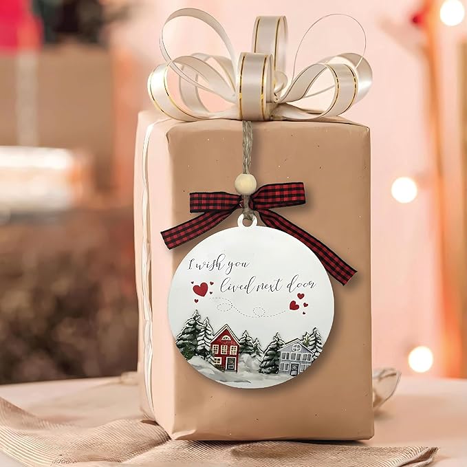 Christmas Ornaments, Neighbor Gifts I Wish You Lived Next Door, Ornament Round Wood Plaque Christmas Decorations, Best New Home Xmas Tree, White Elephant Gifts for Adults
