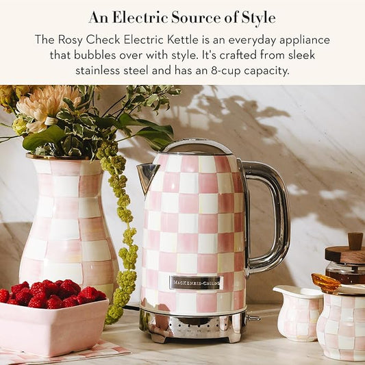 MACKENZIE-CHILDS Electric Kettle, Stainless-Steel Appliances Kettle, Pink-and-White Rosy Check