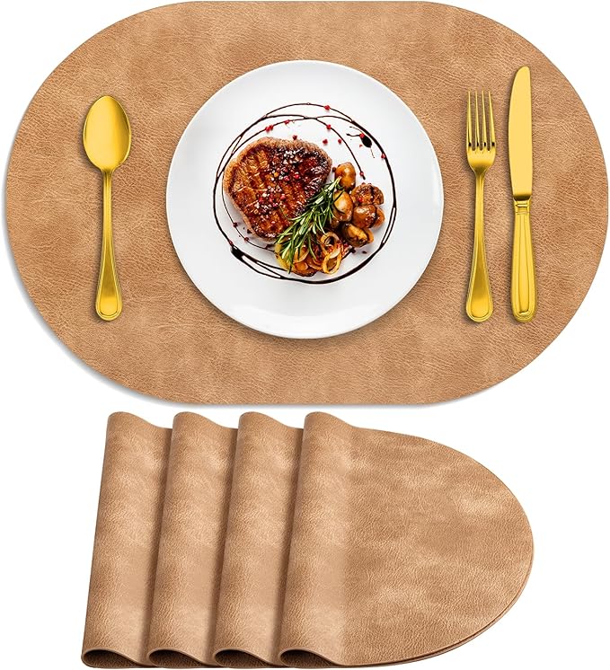 ADRIMER Placemats, Heat Resistant Oval Placemats Set of 4 Washable 12 x 17 Inch, Waterproof Table Mats, Wipeable Pu Place Mats for Kitchen, Dining Room, Light Brown