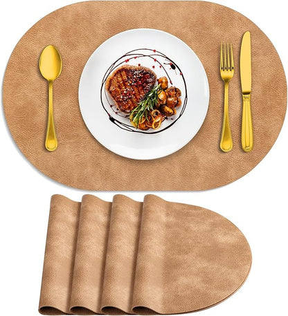 ADRIMER Placemats, Heat Resistant Oval Placemats Set of 4 Washable 12 x 17 Inch, Waterproof Table Mats, Wipeable Pu Place Mats for Kitchen, Dining Room, Light Brown