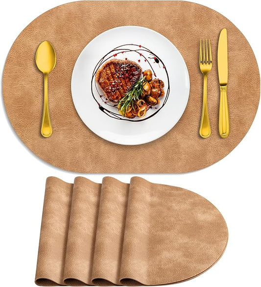 ADRIMER Placemats, Heat Resistant Oval Placemats Set of 4 Washable 12 x 17 Inch, Waterproof Table Mats, Wipeable Pu Place Mats for Kitchen, Dining Room, Light Brown