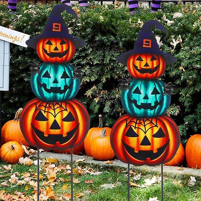 Halloween Yard Stakes Large 39.3" with Stackable Pumpkins and Scary Spiders, Metal Halloween Yard Decorations for Garden, Lawn, Patio, Outdoor Decor with Witch Hat